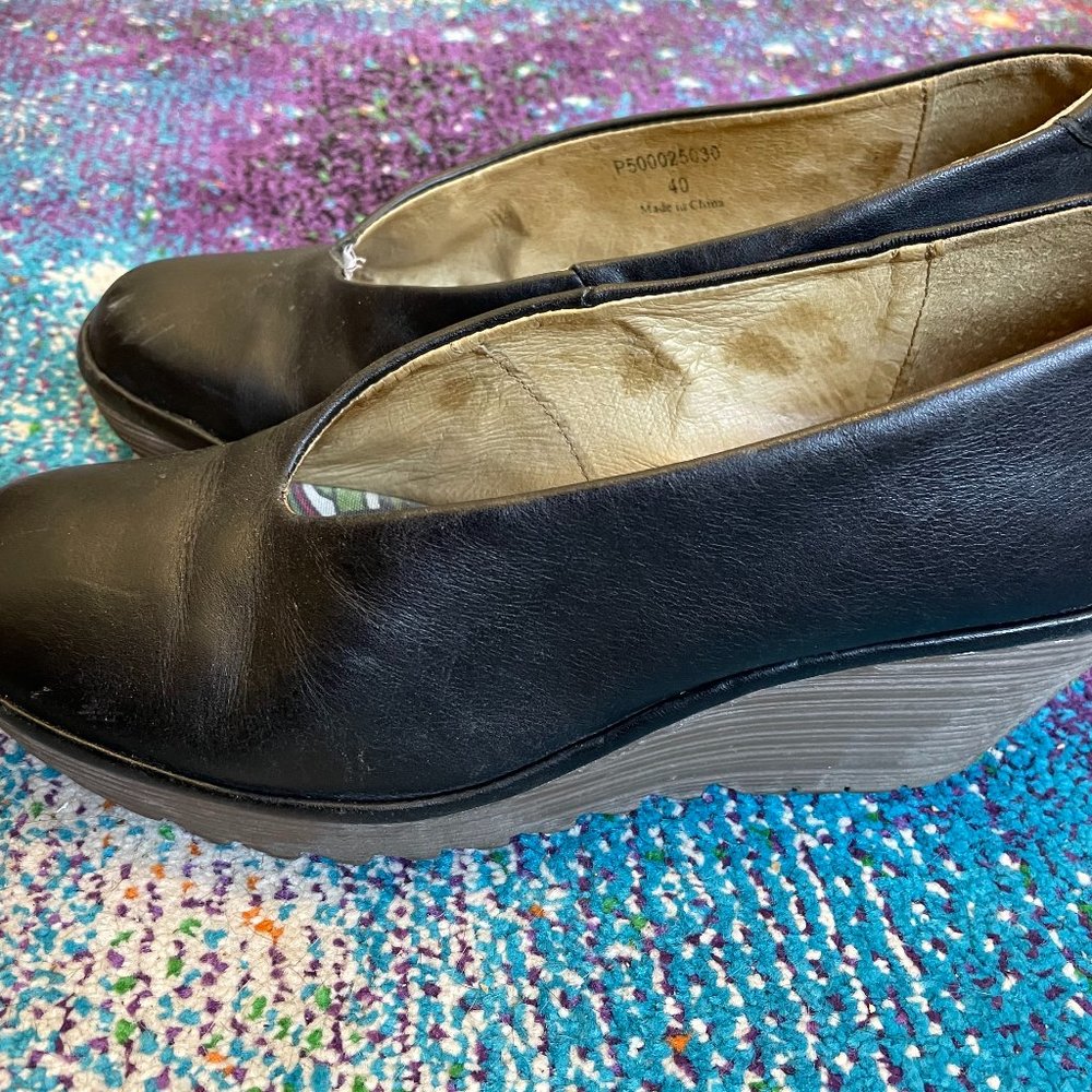 Fly London Black Leather Wedge Heels Size 9